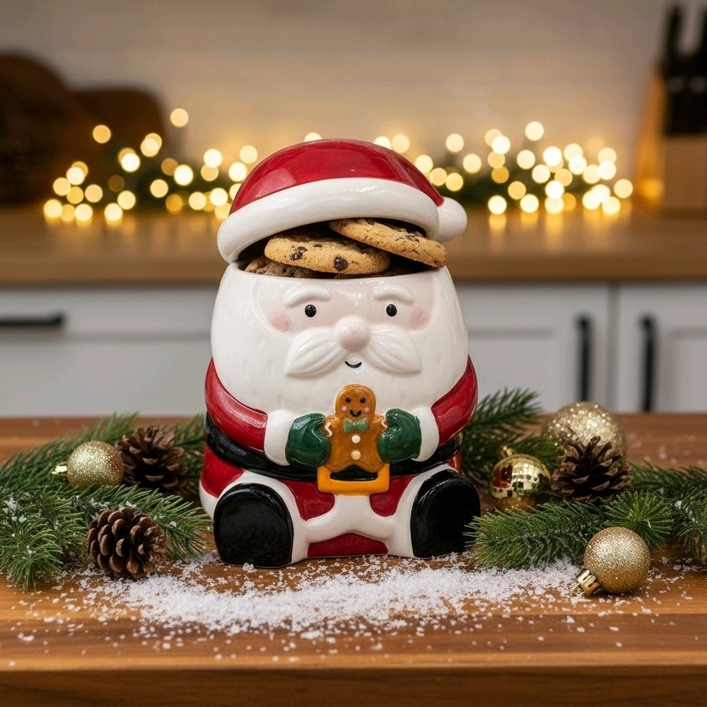 HOLIDAY TIME Christmas Santa Claus with Gingerbread Earthenware Candy/Cookie Jar